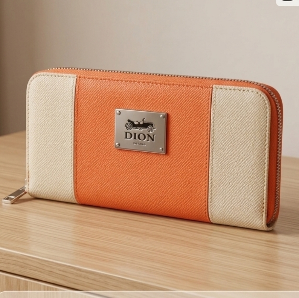 [Dion] Vibrant Orange & Cream Faux Leather Zip Around Wallet